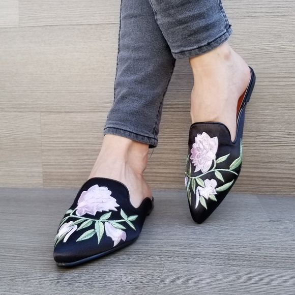 Embroider Flower on Black Satin Mule Loafer-D - Picture 4 of 8